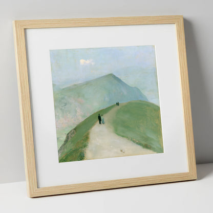 Walkers on a Mountain Ridge lake district walking art print in natural frame