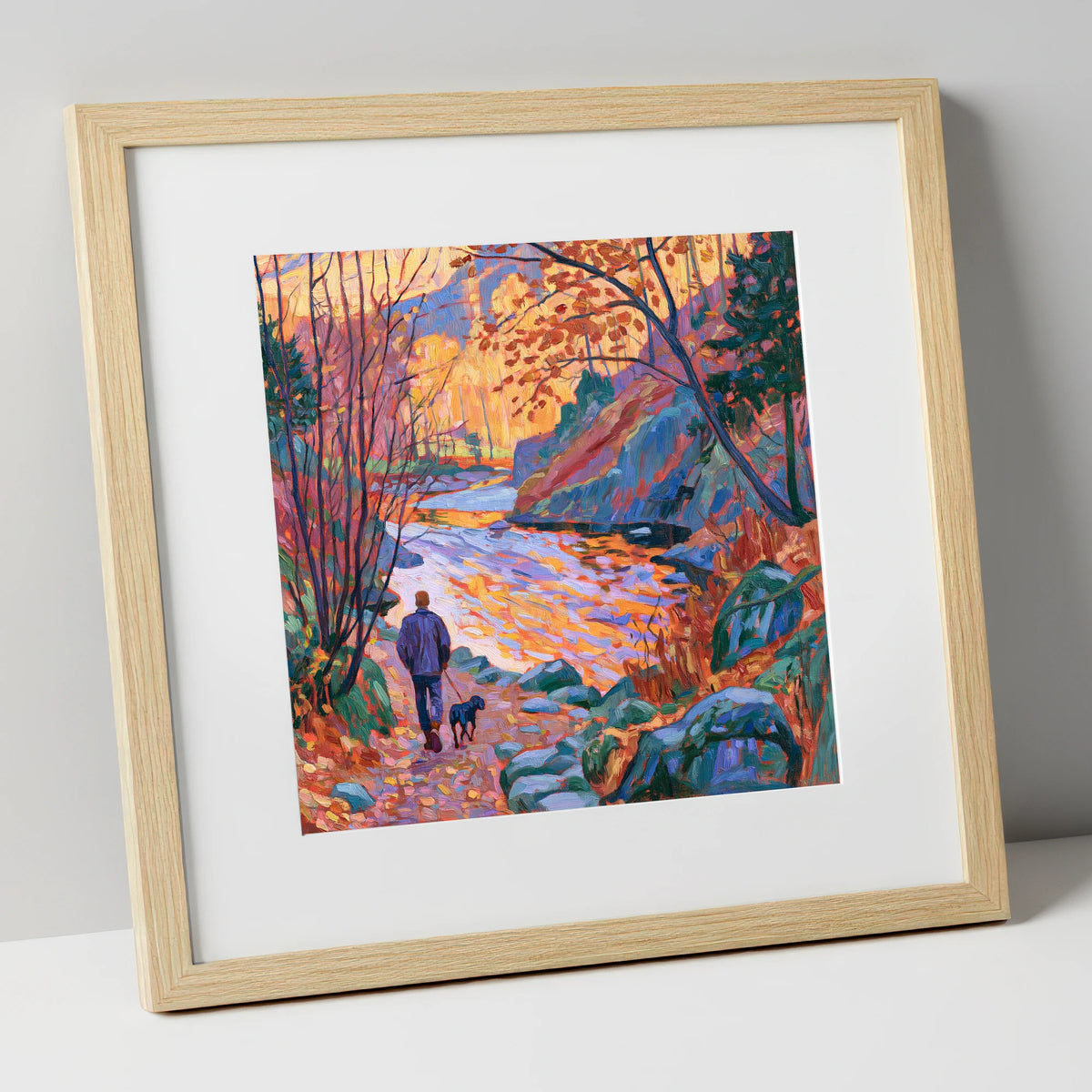 Autumn Dog Walk Aira Force gifts for dog walkers art print in natural frame