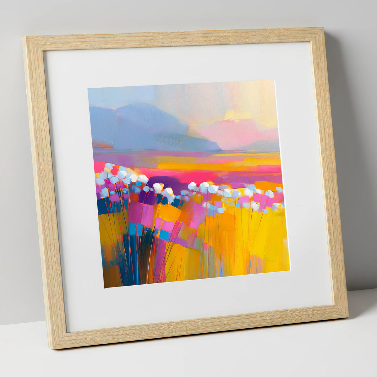 Vibrant Bog Cotton Moorland lake district wildflower art print in natural frame