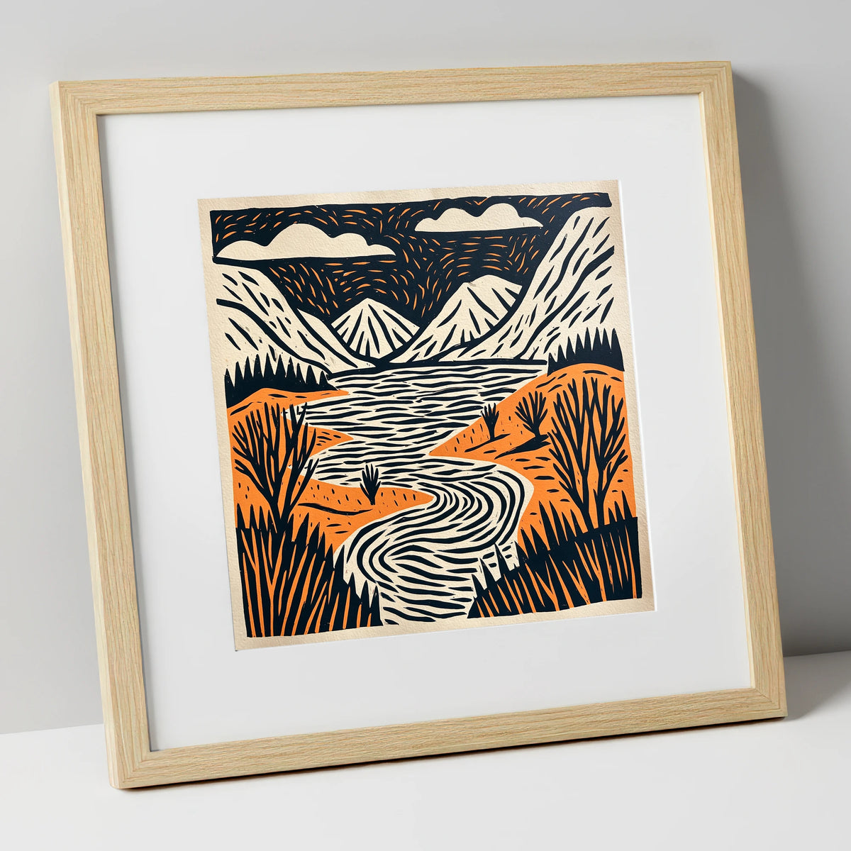 Bold Fells and Winding River lake district lake art print in natural frame