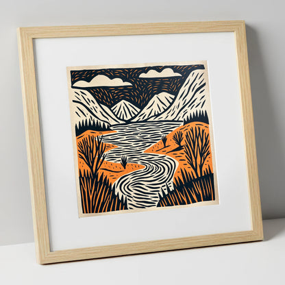 Bold Fells and Winding River lake district lake art print in natural frame