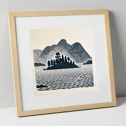 Derwentwater Island in Deep Navy lake district lake art print in natural frame