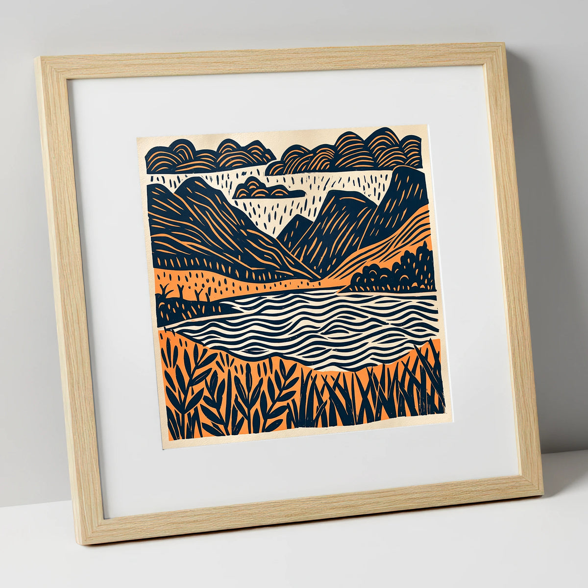 Dawn Lake In Navy And Terracotta lake district lake art print in natural frame
