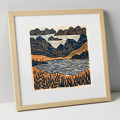 Dawn Lake In Navy And Terracotta lake district lake art print in natural frame