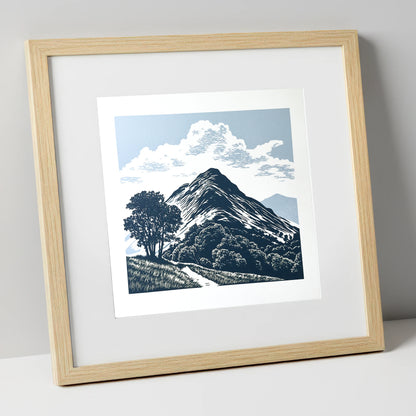 Catbells Fell in Deep Navy lake district fell art print in natural frame