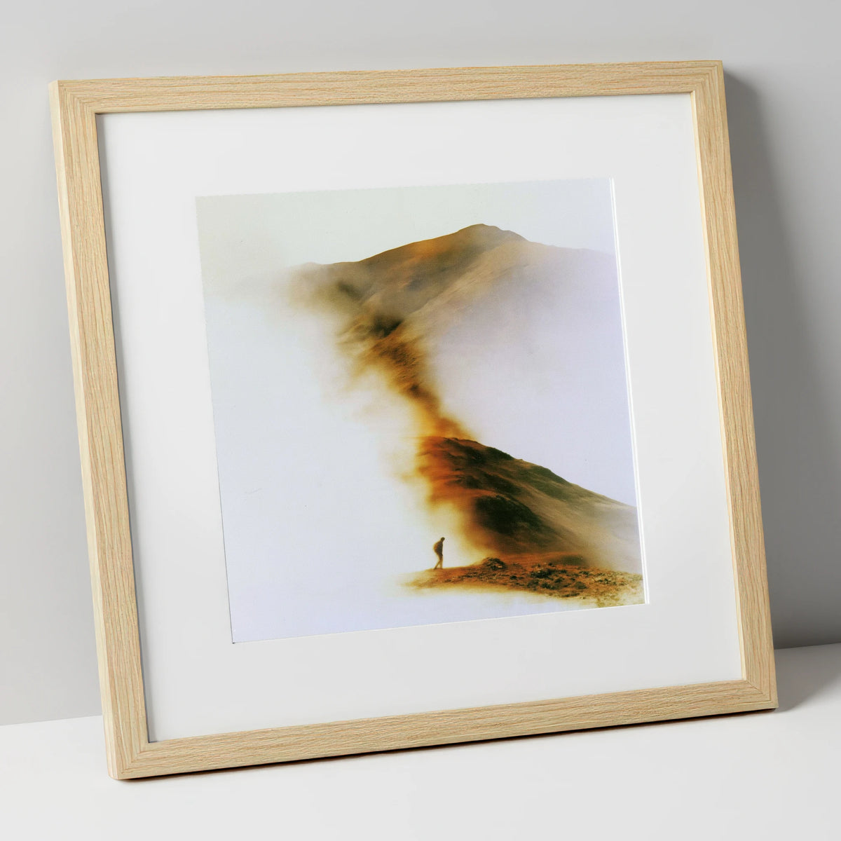 Lone Hiker in Copper Mist lake district walking art print in natural frame