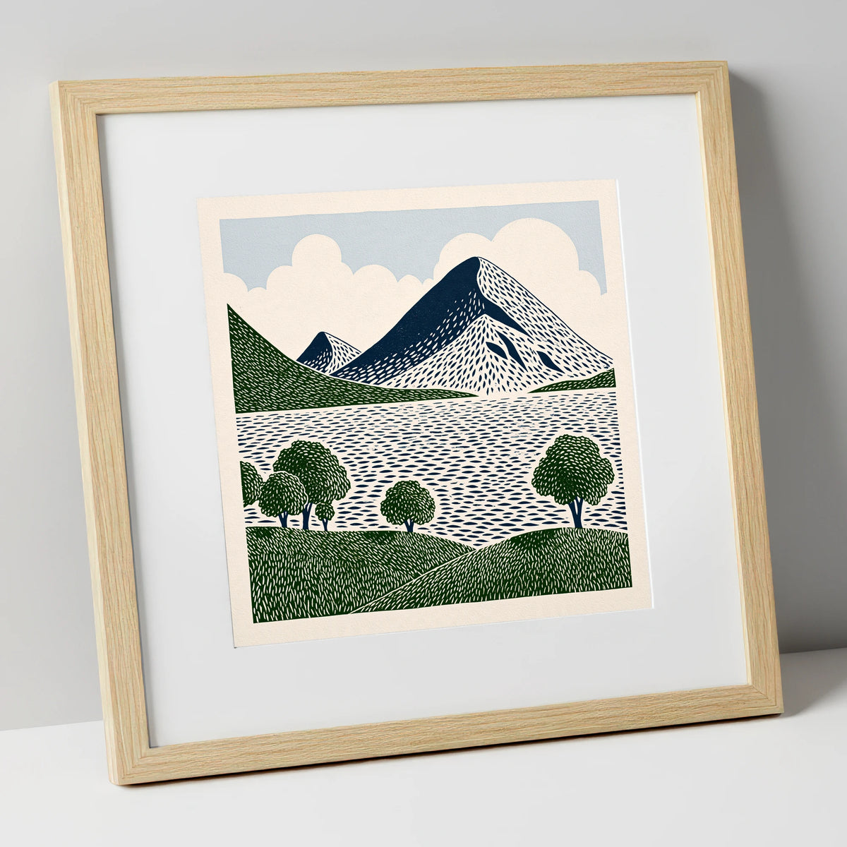 Graphic Fells Above Crummock Water lake district lake art print in natural frame