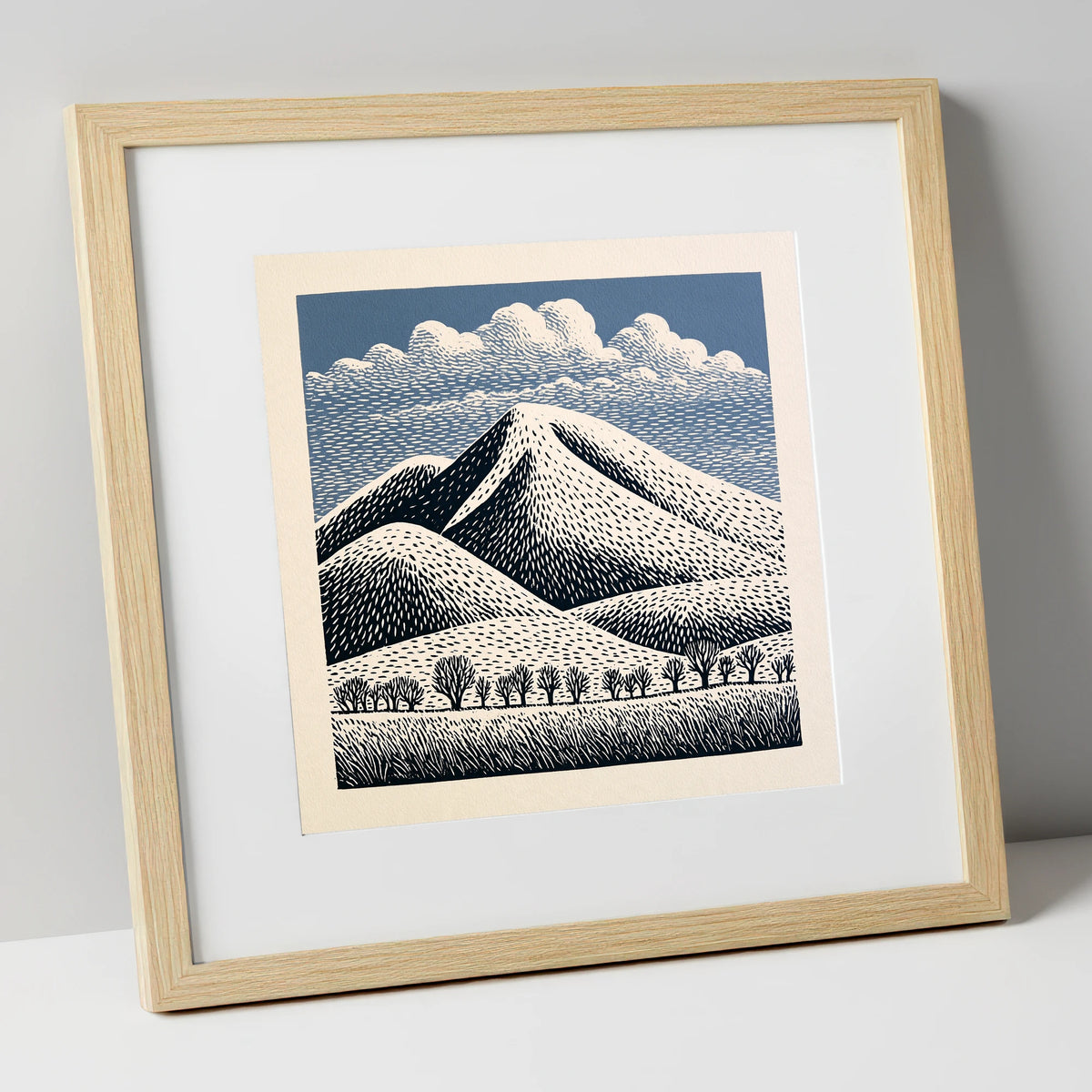Skiddaw Mountain Beneath Patterned Clouds lake district fell art print in natural frame