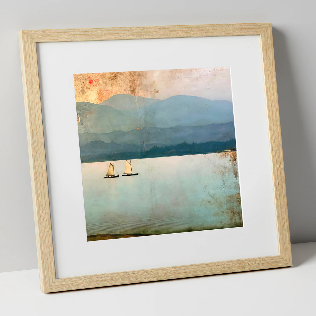 Windermere Sailboats Beneath Ochre Skies lake district lake art print in natural frame