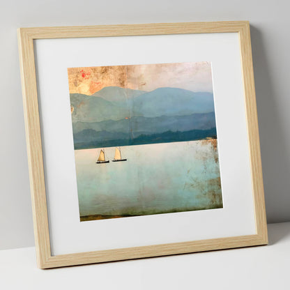 Windermere Sailboats Beneath Ochre Skies lake district lake art print in natural frame