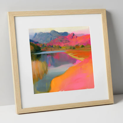 Vibrant Elterwater and Pink Fells lake district lake art print in natural frame