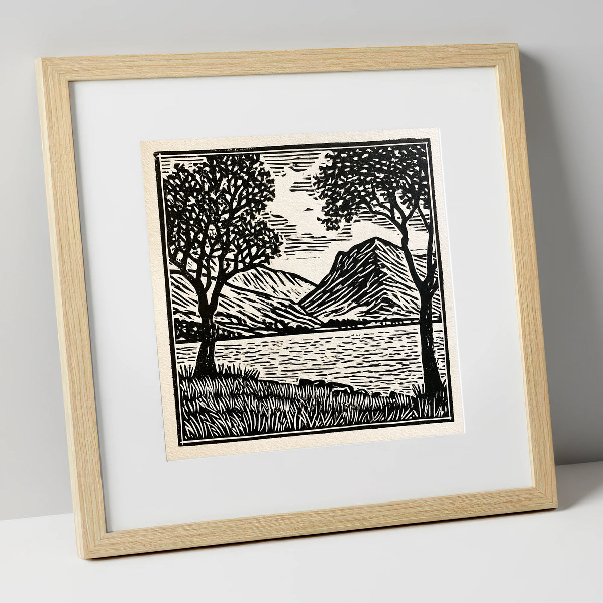 Monochrome Crummock Water Fells lake district lake art print in natural frame