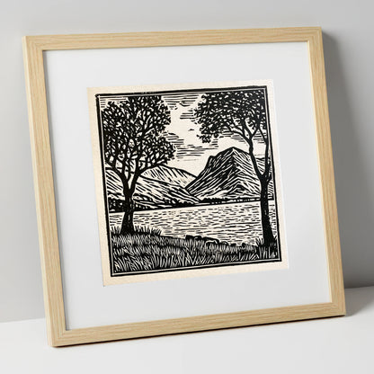Monochrome Crummock Water Fells lake district lake art print in natural frame