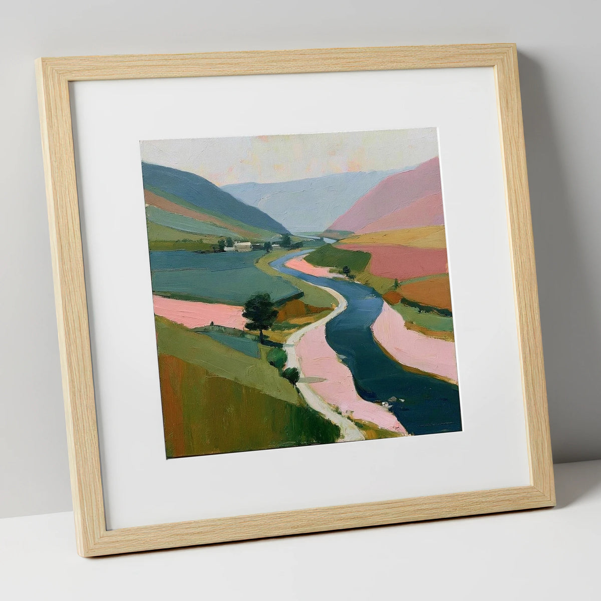 Winding River Valley in Pink lake district waterfall art print in natural frame