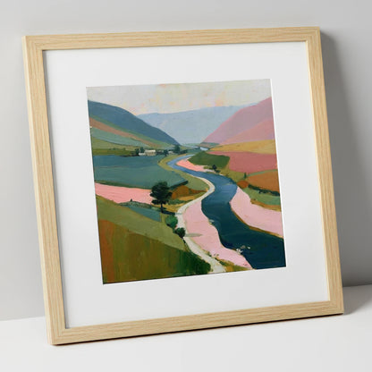 Winding River Valley in Pink lake district waterfall art print in natural frame