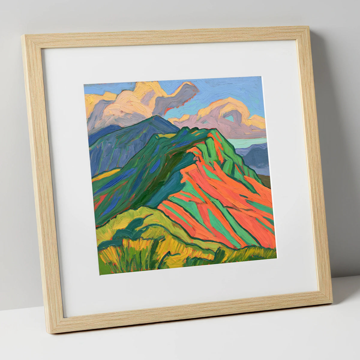 Vibrant Mountain Ridge lake district fell art print in natural frame