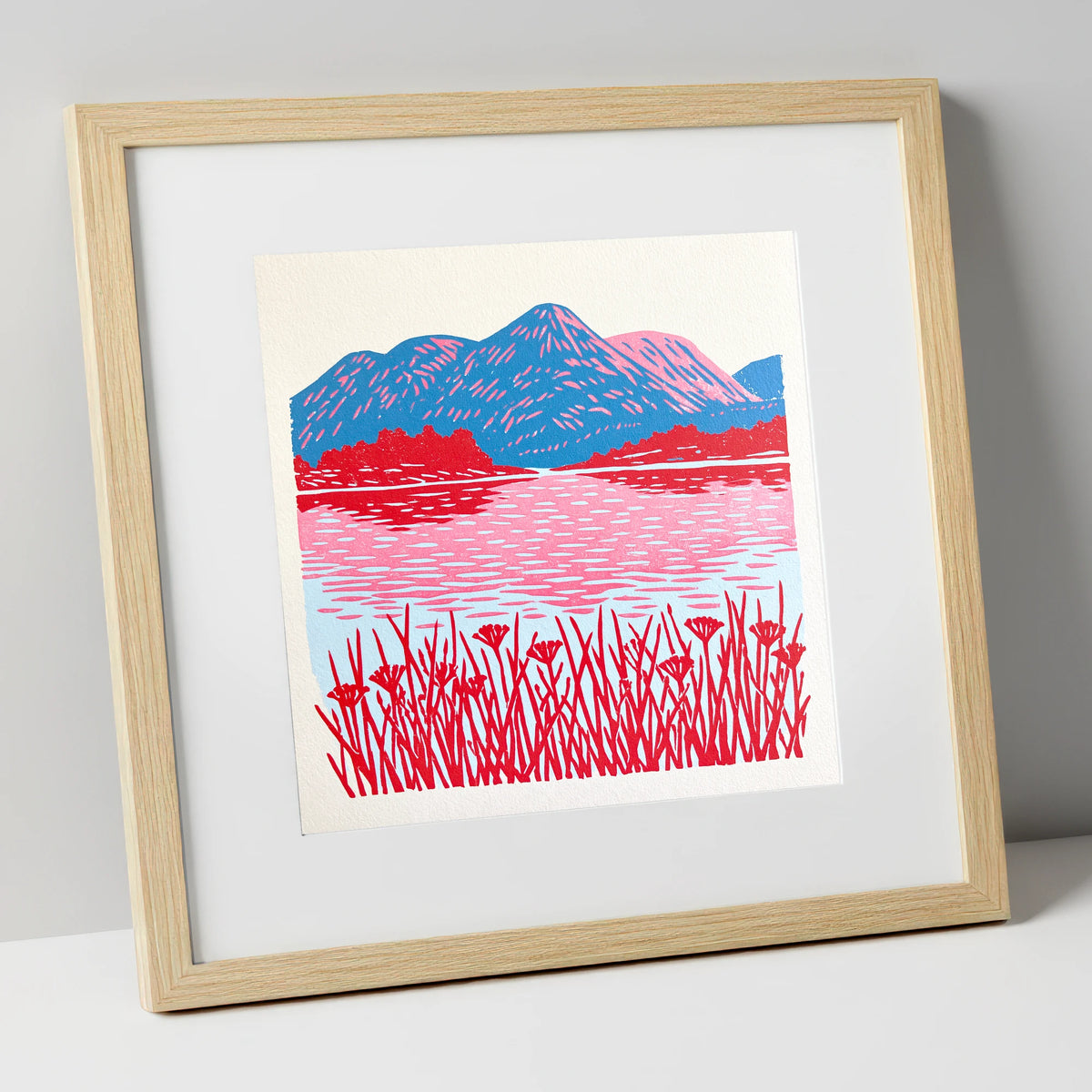 Vibrant Lake And Cobalt Fells lake district lake art print in natural frame