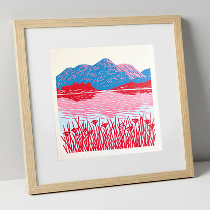Vibrant Lake And Cobalt Fells lake district lake art print in natural frame