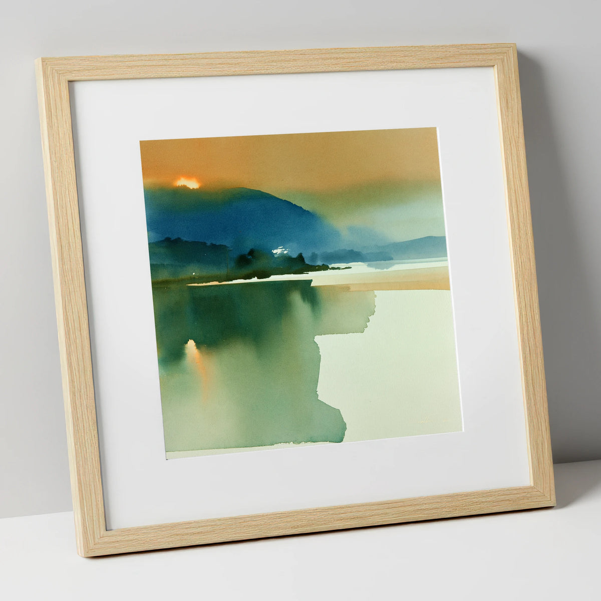 Teal and Gold Lake Sunset lake district lake art print in natural frame