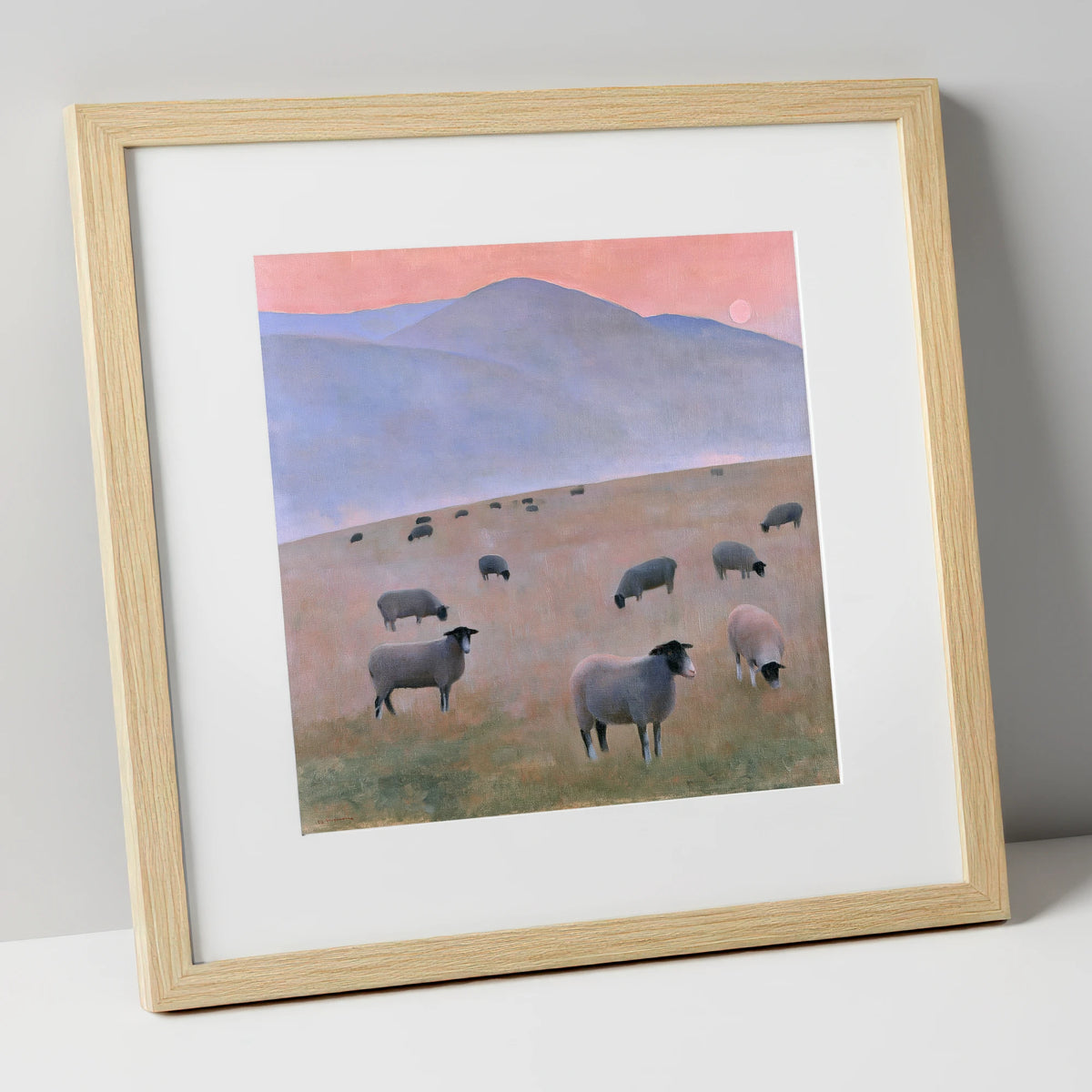 Herdwick Sheep on Pastel Fells lake district wildlife art print in natural frame