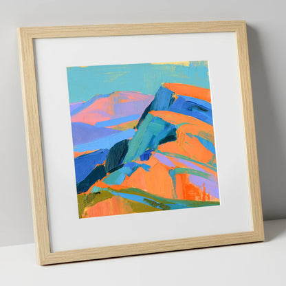Bright Orange Fell Summit lake district fell art print in natural frame