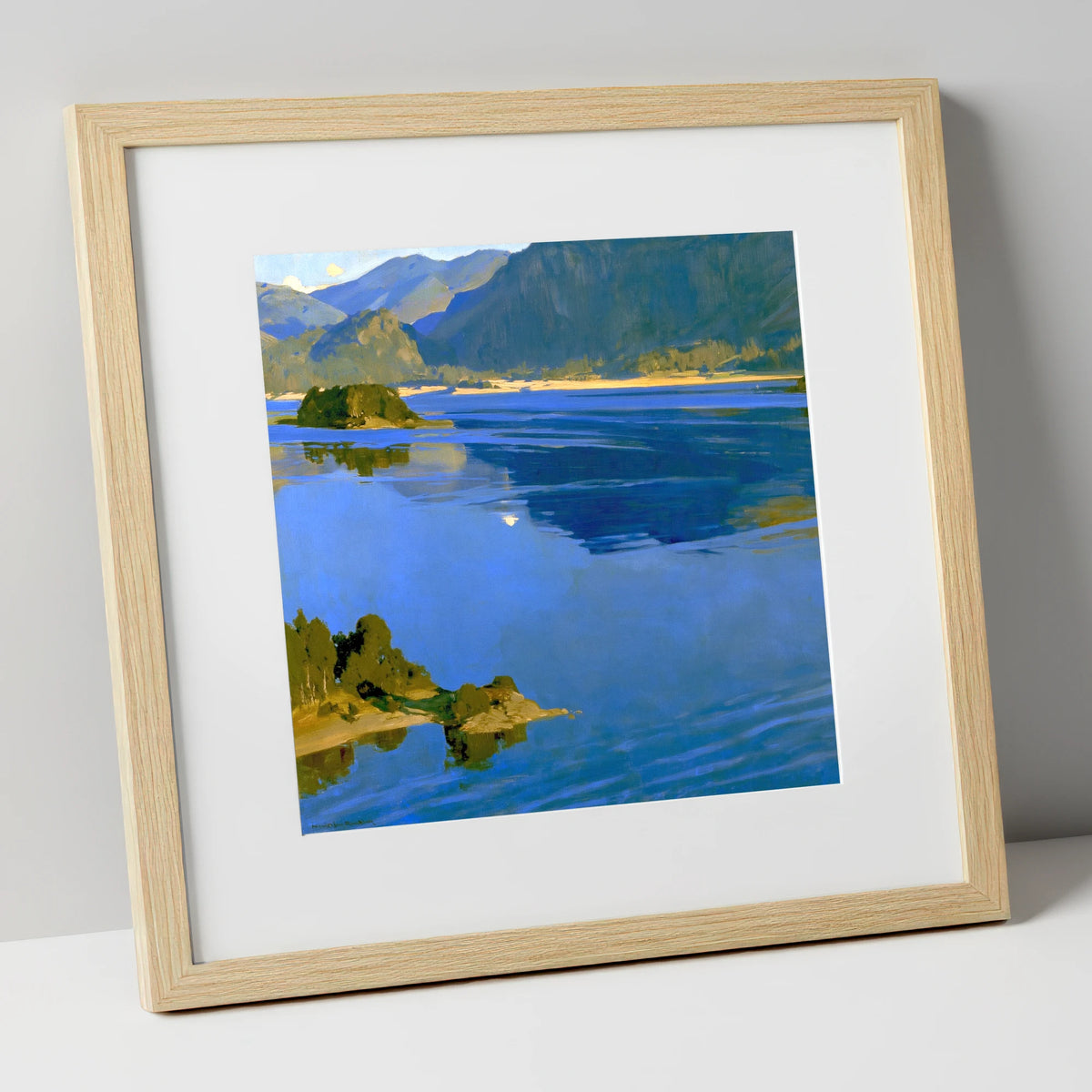 Deep Blue Derwentwater and Catbells lake district lake art print in natural frame