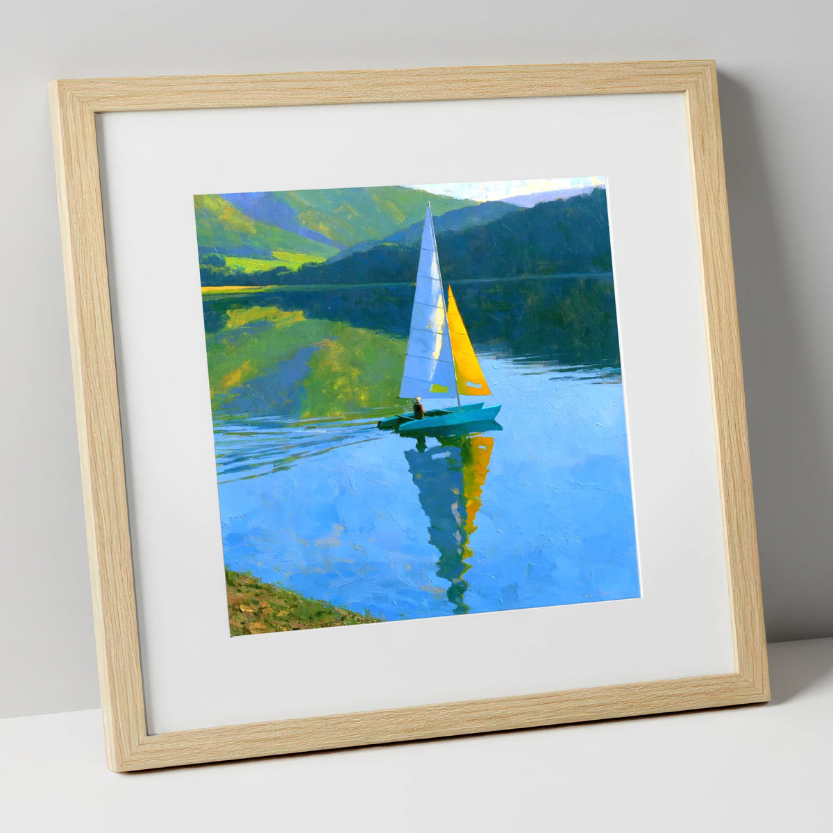Vivid Sails on a Breezy Lake lake district walking art print in natural frame