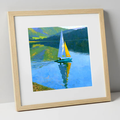 Vivid Sails on a Breezy Lake lake district walking art print in natural frame