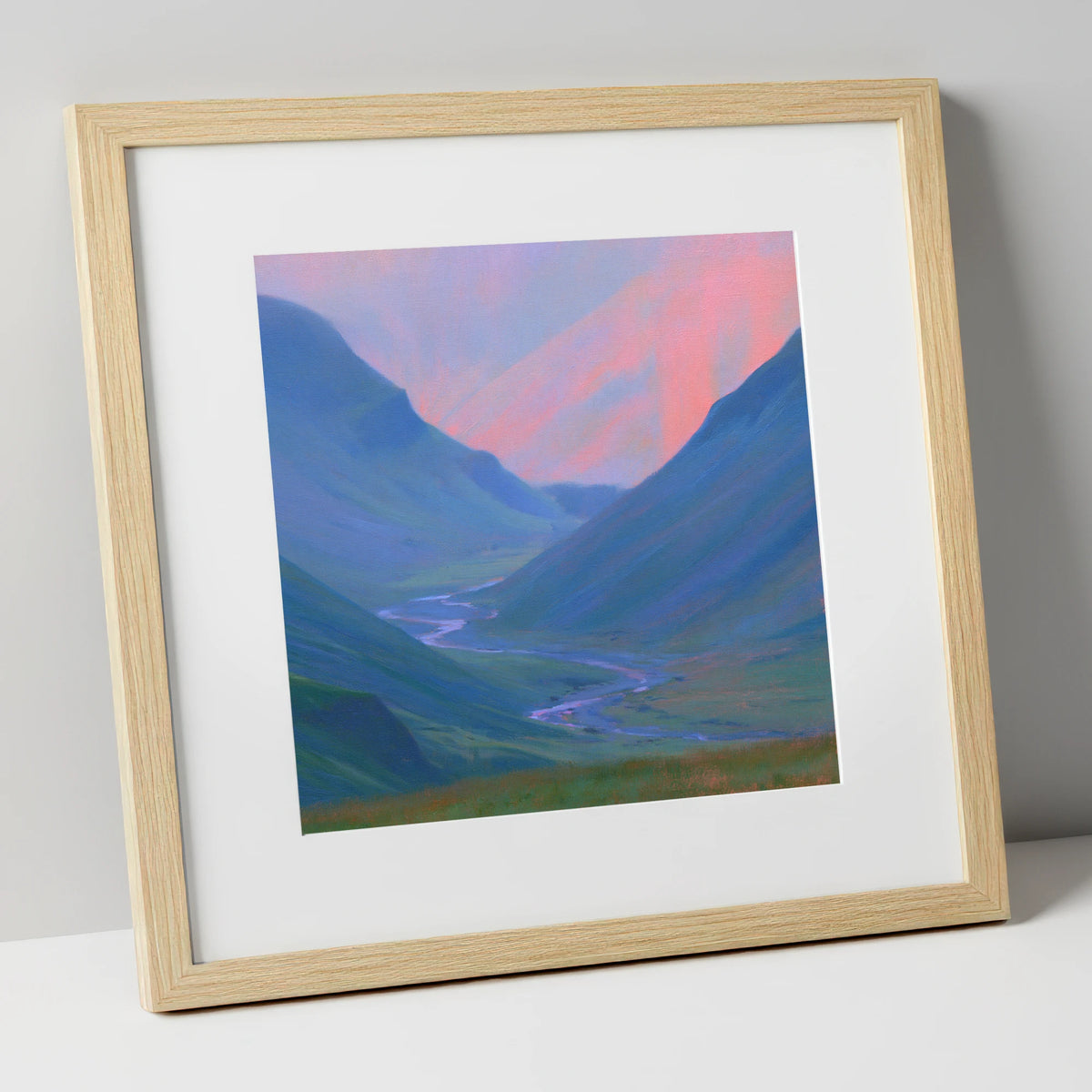 River Valley in Pink Twilight lake district waterfall art print in natural frame