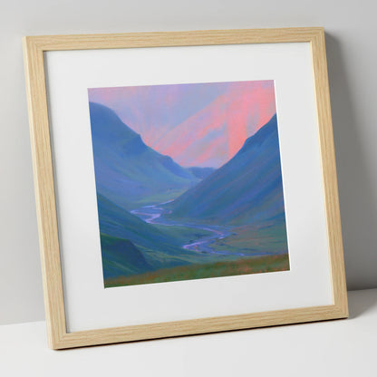 River Valley in Pink Twilight lake district waterfall art print in natural frame