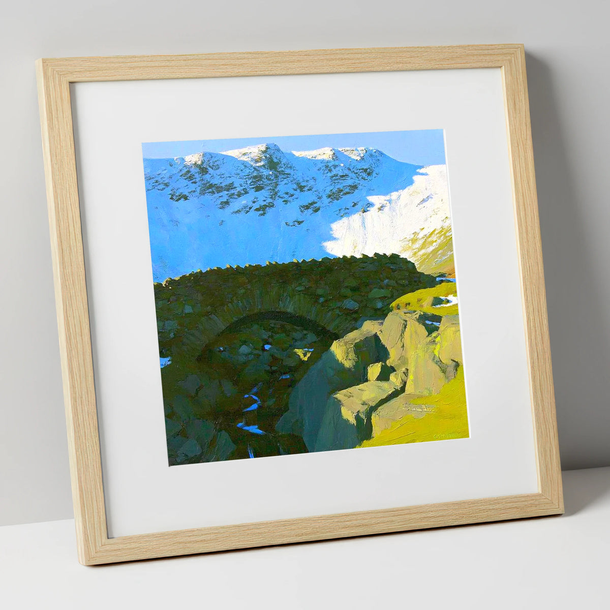 Allen Crags Winter Stone Bridge lake district fell art print in natural frame