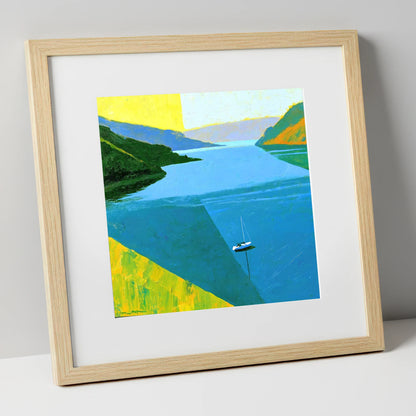 Ullswater Sailboat in Vibrant Blue lake district lake art print in natural frame