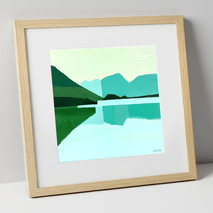 Loweswater Reflections in Bold Teal lake district lake art print in natural frame