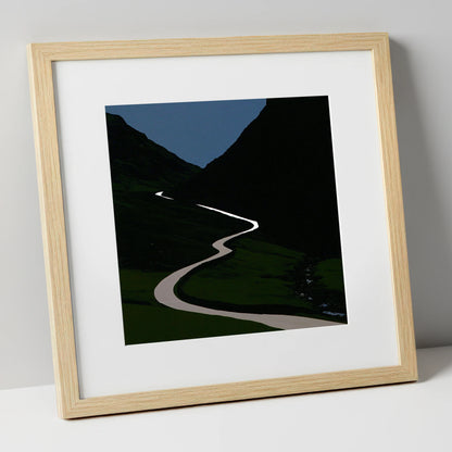 Twilight Winding Mountain Pass lake district valley art print in natural frame