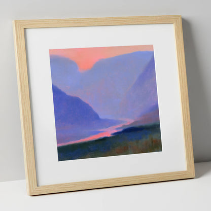 Twilight River Through Indigo Fells lake district waterfall art print in natural frame