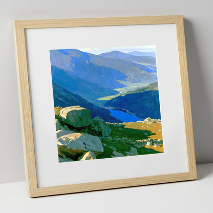 Summit View Over Deep Blue Valley lake district fell art print in natural frame