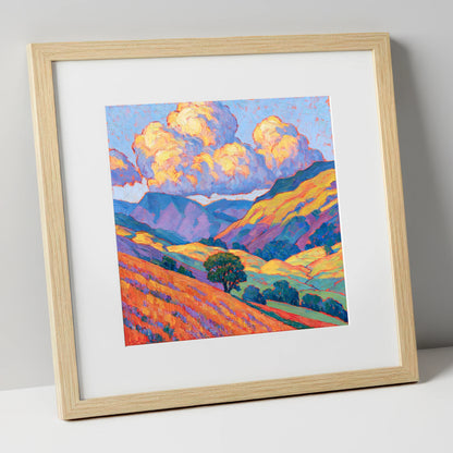 Golden Fellside with Violet Shadows lake district fell art print in natural frame