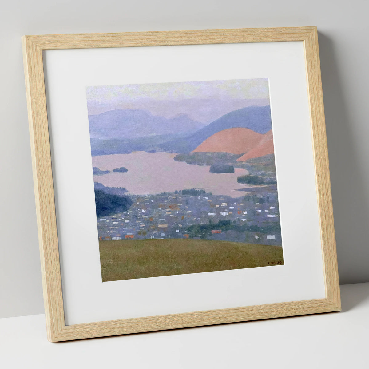 Keswick and Derwentwater Pastel Dusk lake district village art print in natural frame