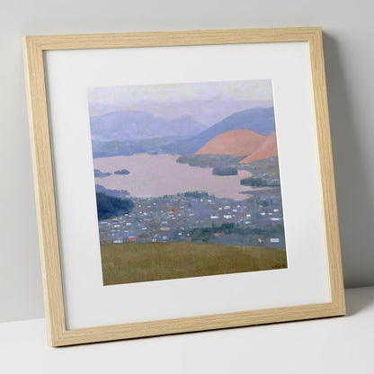 Keswick and Derwentwater Pastel Dusk lake district village art print in natural frame