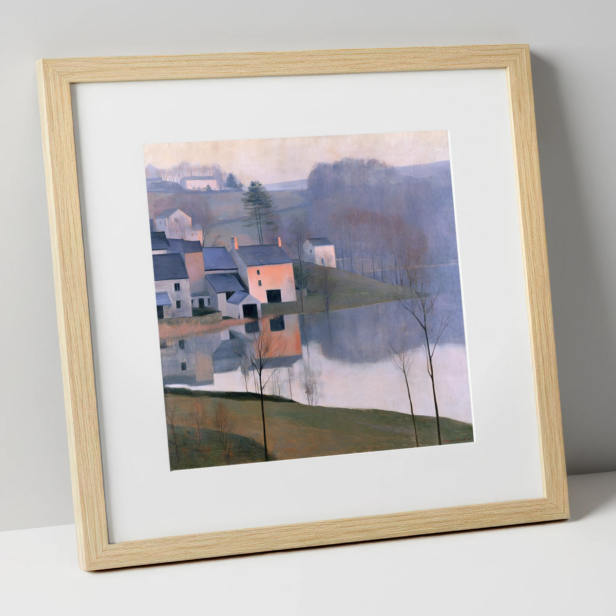 Pastel Lakeside Village Reflections lake district village art print in natural frame
