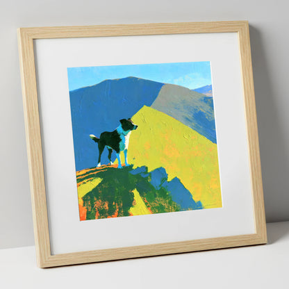 Vibrant Dog on Skiddaw Summit gifts for dog walkers art print in natural frame