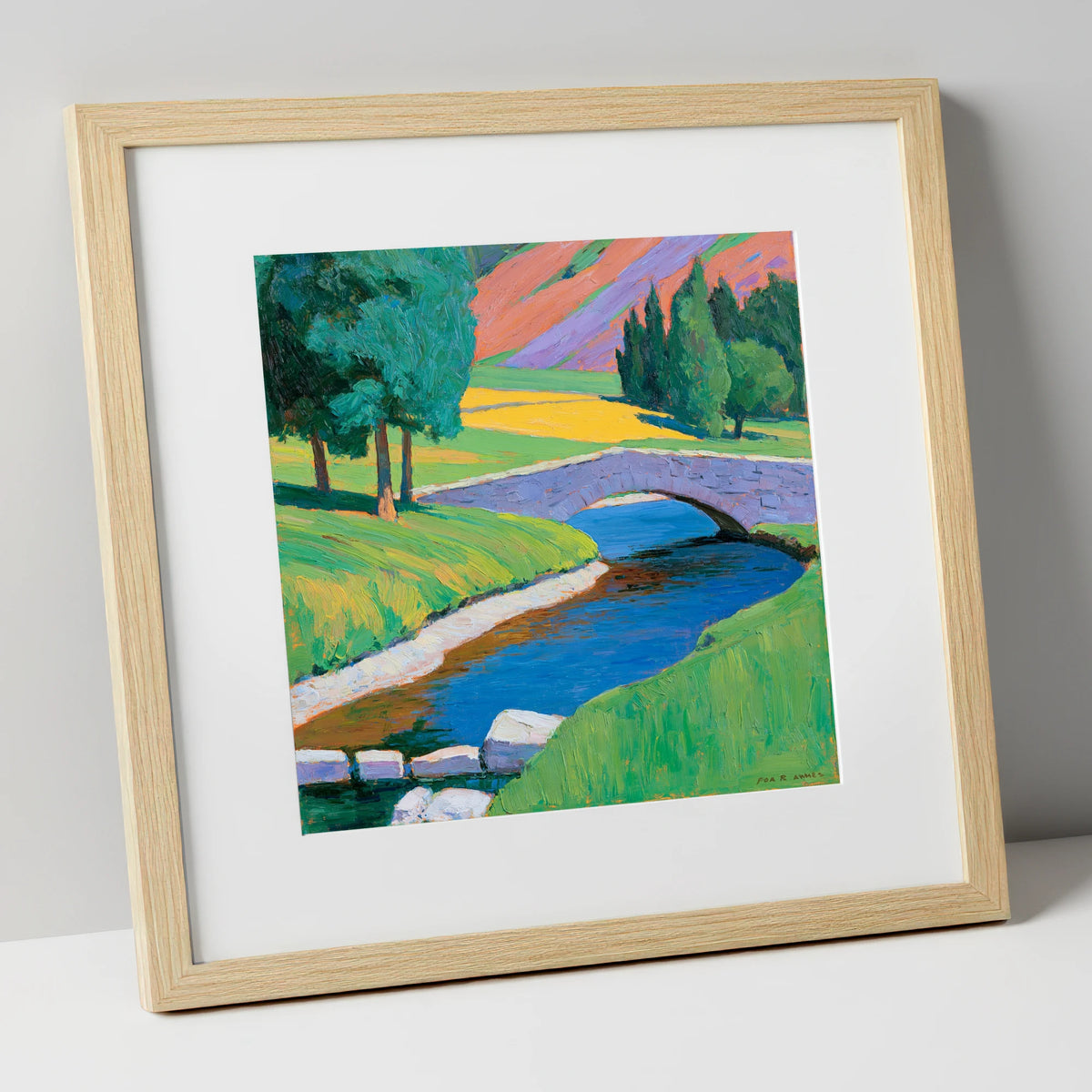 Stone Bridge and Purple Fells lake district waterfall art print in natural frame