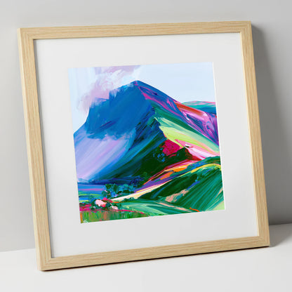 Vibrant Blue Mountain Ridge lake district fell art print in natural frame