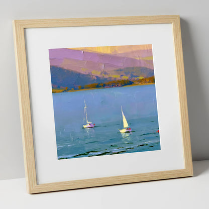 Windermere Sailboats against Lavender Fells lake district lake art print in natural frame