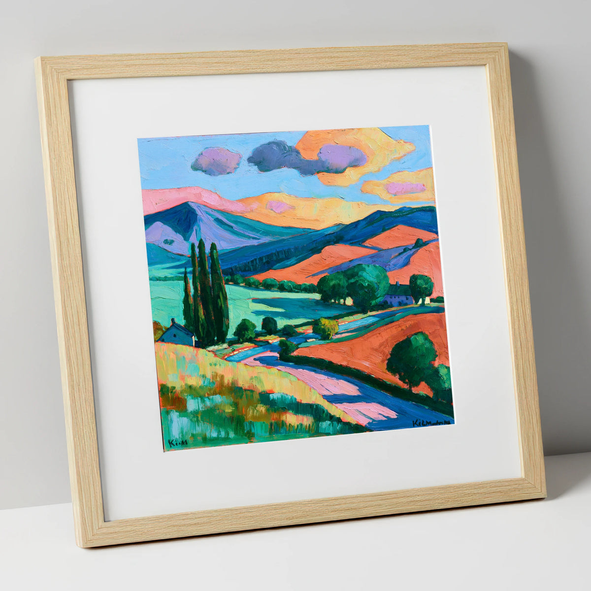 Vivid Golden Light on the Fells lake district sky art print in natural frame