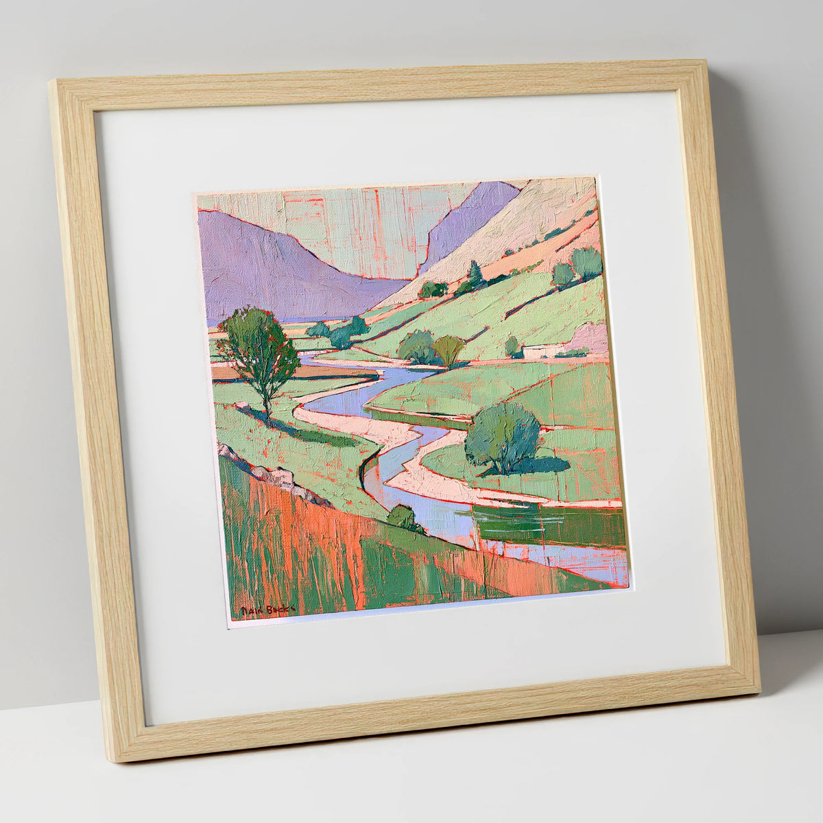 Winding River In Pastel Fells lake district waterfall art print in natural frame
