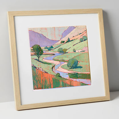 Winding River In Pastel Fells lake district waterfall art print in natural frame