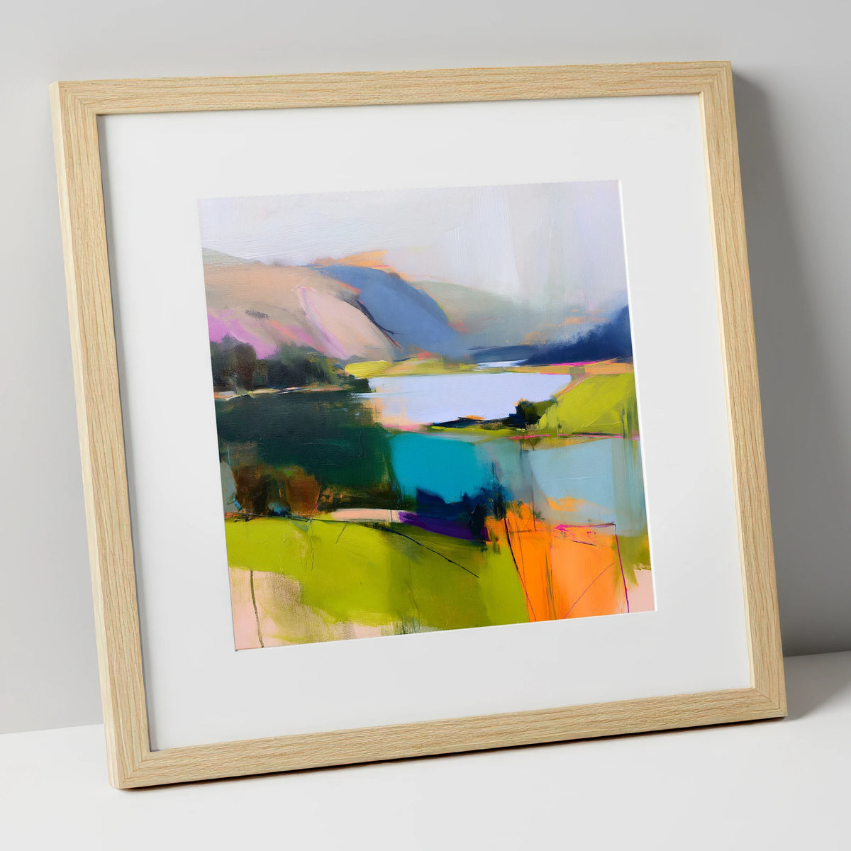 Teal Lake with Magenta Fells lake district lake art print in natural frame