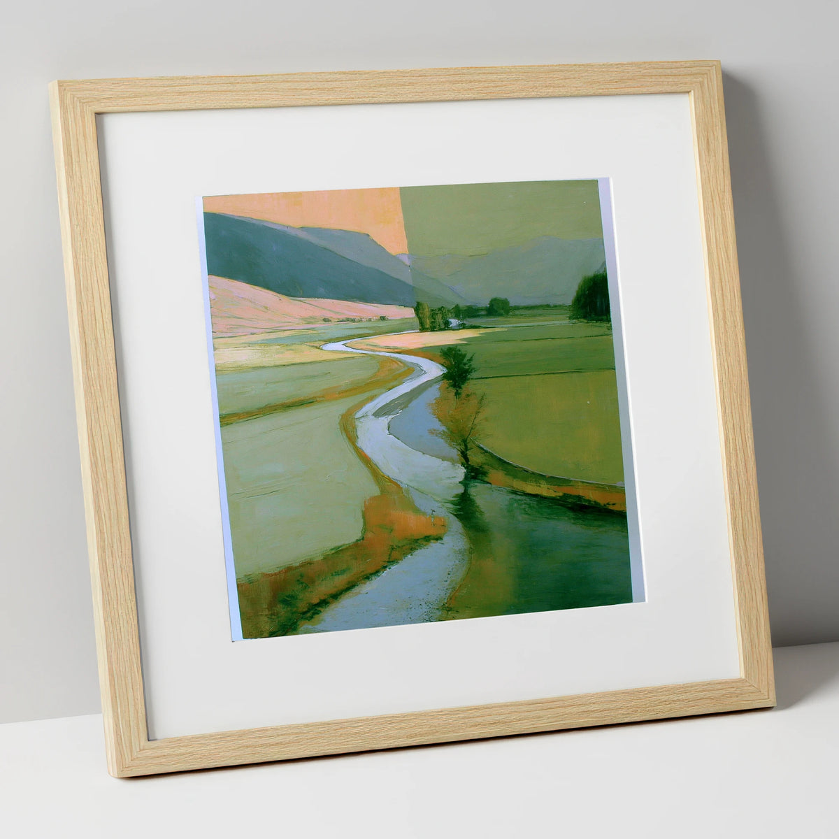 River Valley in Sage and Apricot lake district waterfall art print in natural frame