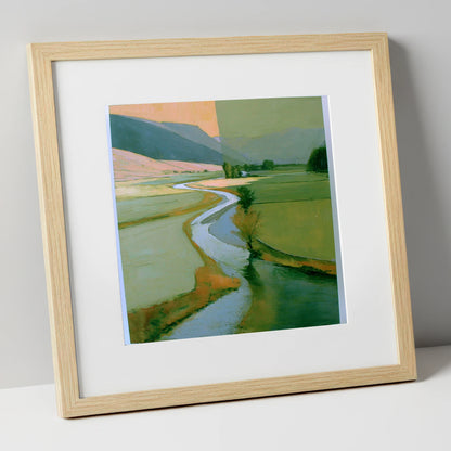 River Valley in Sage and Apricot lake district waterfall art print in natural frame